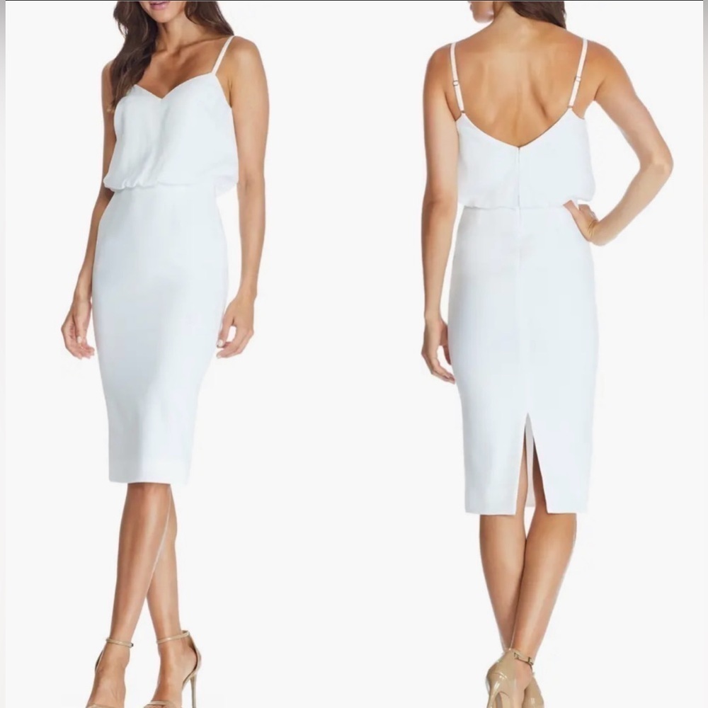 NWOT Dress the population Alondra Blouson Sheath Dress in white sz L